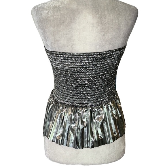 NWT Sincerely Jules Metallic Silver Strapless Halter Pleated Peplum Crop Top - M - Picture 7 of 12